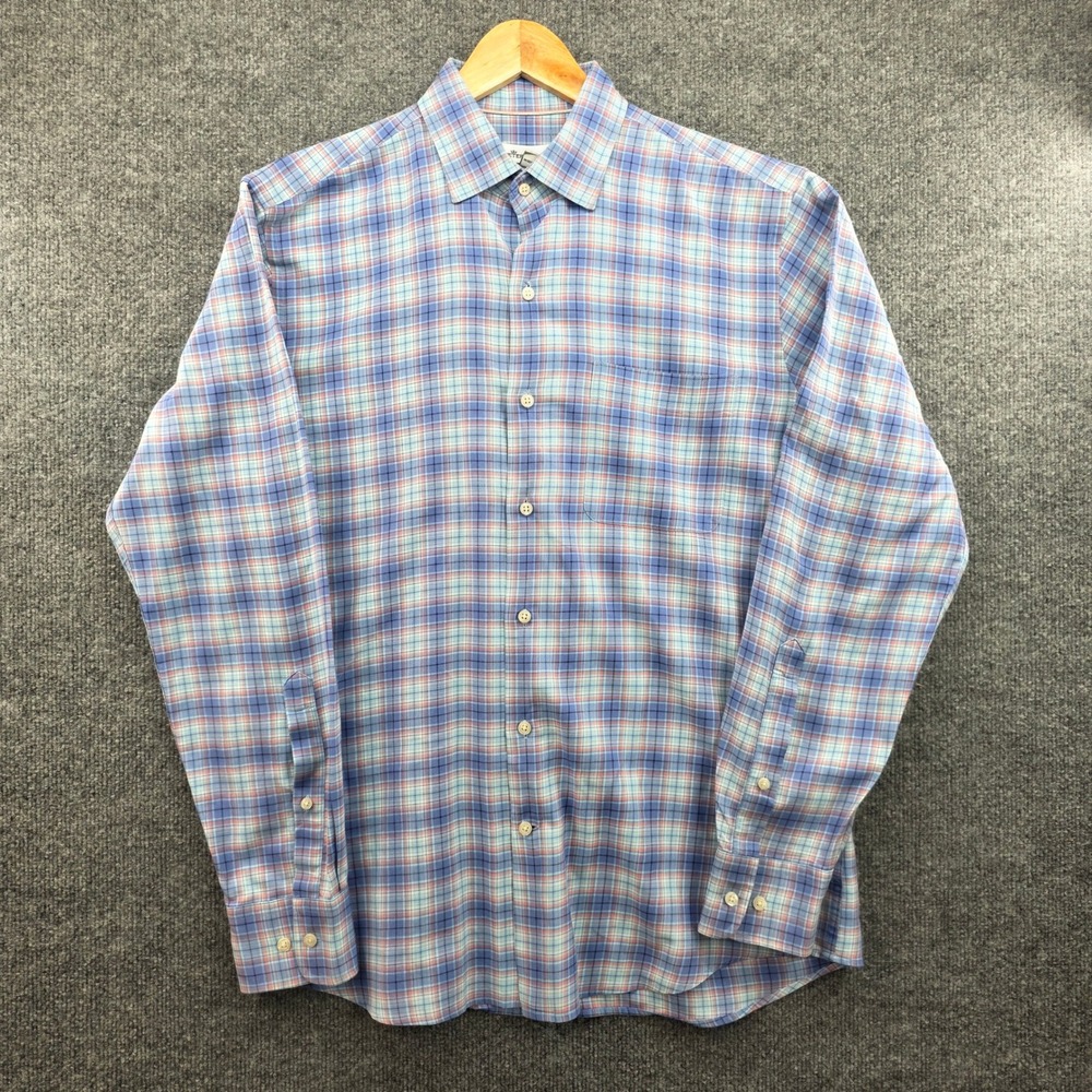 Peter Millar Mens Blue Plaid Cotton Silk Button Down Shirt MS19W61CFL Medium